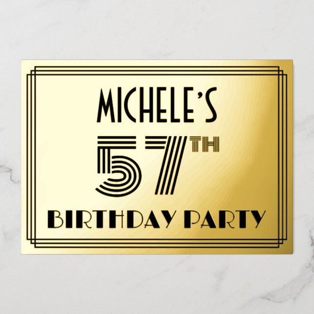 Invitación Con Relieve Metalizado 57ª Fiesta de Cumpleaños — Estilo Art Deco "57" y  (Anverso)