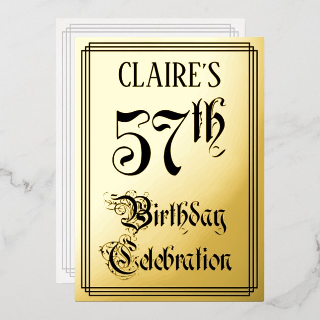Invitación Con Relieve Metalizado 57.ª fiesta de cumpleaños — Guión elegante + Nombr (Anverso/Reverso)