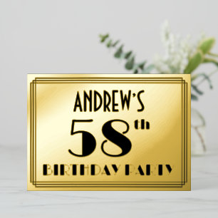 Invitación Con Relieve Metalizado 58ª Fiesta de Cumpleaños — Aspecto Art Deco "58" +