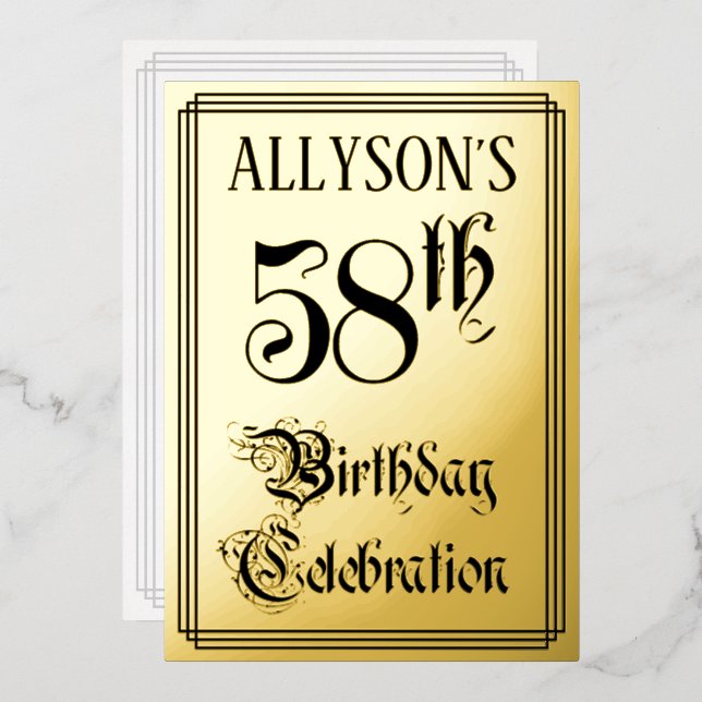 Invitación Con Relieve Metalizado 58ª Fiesta de Cumpleaños — Guión Elegante + Nombre (Anverso/Reverso)