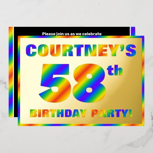 Invitación Con Relieve Metalizado 58.ª fiesta de cumpleaños — Diversión, espectro ar (Anverso/Reverso)