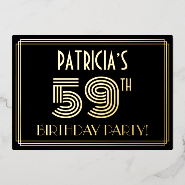 Invitación Con Relieve Metalizado 59ª Fiesta de Cumpleaños — Estilo Art Deco "59" +  (Anverso)