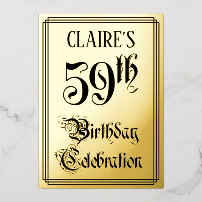Invitación Con Relieve Metalizado 59ª Fiesta de Cumpleaños — Guión Elegante + Nombre (Anverso)