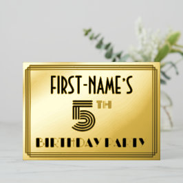 Invitación Con Relieve Metalizado 5.ª Fiesta de Cumpleaños — Estilo Art Deco "5" y n