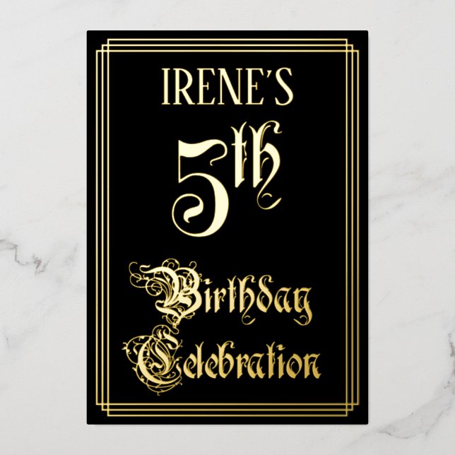 Invitación Con Relieve Metalizado 5.ª Fiesta de Cumpleaños — Guión de fantasía y nom (Anverso)
