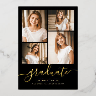 Invitación Con Relieve Metalizado 5 Fotos Colaje Graduación Elegante Negro & Oro