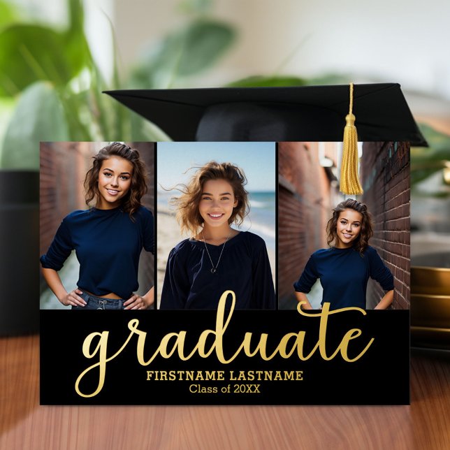 Invitación Con Relieve Metalizado 5 Photo Graduation Party Modern Script Gold (Graduation announcement and invitation with multiple photos)