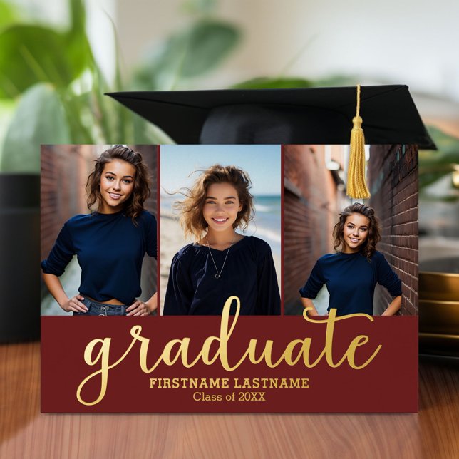 Invitación Con Relieve Metalizado 5 Photo Graduation Party Modern Script Gold (Graduation announcement and invitation with multiple photos)
