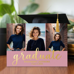Invitación Con Relieve Metalizado 5 Photo Graduation Party Modern Script Gold