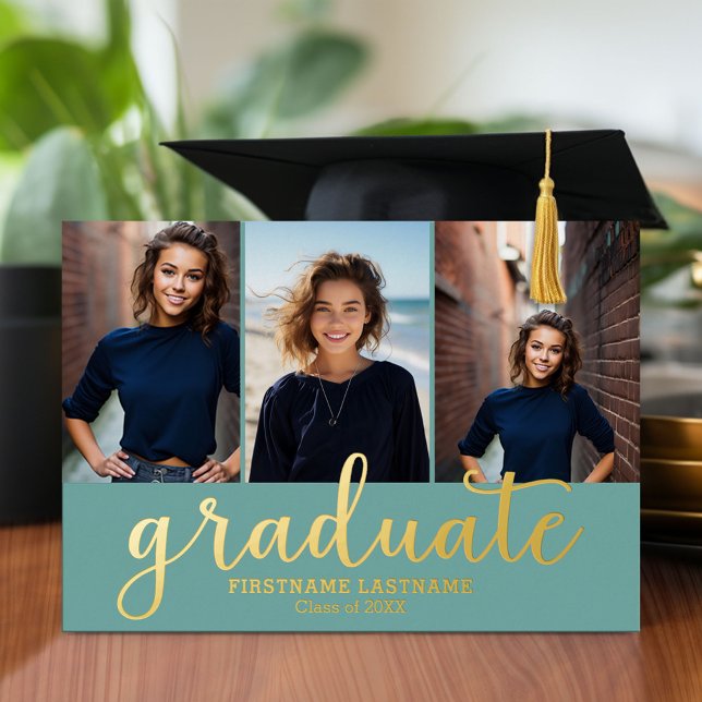 Invitación Con Relieve Metalizado 5 Photo Graduation Party Modern Script Gold Real (Graduation announcement and invitation with multiple photos)