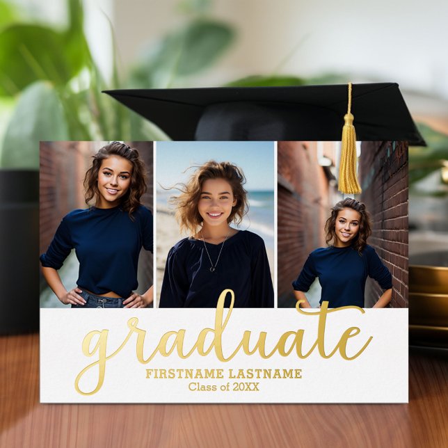 Invitación Con Relieve Metalizado 5 Relieve metalizado dorado de escritura moderna d (Graduation announcement and invitation with multiple photos)