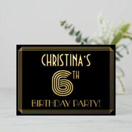 Invitación Con Relieve Metalizado 6ª Fiesta de Cumpleaños — Estilo Art Deco "6" + No