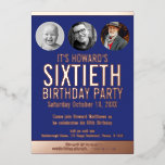 Invitación Con Relieve Metalizado 60.ª festividad azul Relieve metalizado metalizado<br><div class="desc">Dibujo negrita simple azul oscuro, y Relieve metalizado de oro rosa o su propia plantilla de foto de color Relieve metalizado 60ª invitación de cumpleaños. Personaliza esta invitación de cumpleaños con tus propios detalles de la fiesta de cumpleaños, y tres fotos diferentes de tu chico de cumpleaños en los círculos...</div>
