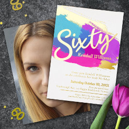 Invitación Con Relieve Metalizado 60.ª festividad de cumpleaños, foto de oro, arte a