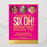Invitación Con Relieve Metalizado 60.ª festividad de Relieve metalizado de oro rosa<br><div class="desc">Audaz simple gráfico brillante rosa caliente, y Relieve metalizado dorado o su propia plantilla de foto color Relieve metalizado 60ª invitación de cumpleaños. Personalice esta invitación de cumpleaños con sus propios detalles de la fiesta de cumpleaños, y tres fotos diferentes de su chica de cumpleaños en los círculos de fotos...</div>