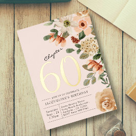 Invitación Con Relieve Metalizado 60.º Aniversario Vintage Floral Peach Capítulo 60