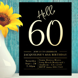 Invitación Con Relieve Metalizado 60.º cumpleaños Hola 60 Oro Negro