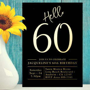 Invitación Con Relieve Metalizado 60.º cumpleaños Hola 60 Oro Negro