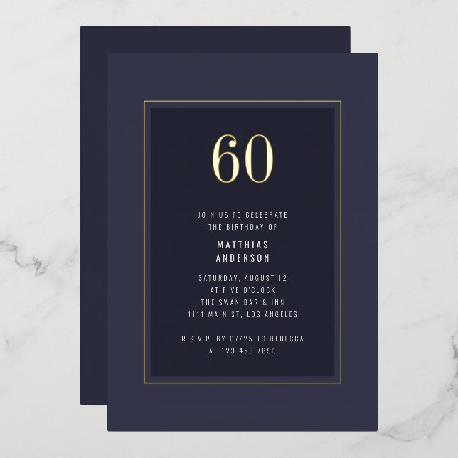Invitación Con Relieve Metalizado 60.º Cumpleaños Minimal Elegante Marco dorado oscu (Anverso/Reverso)