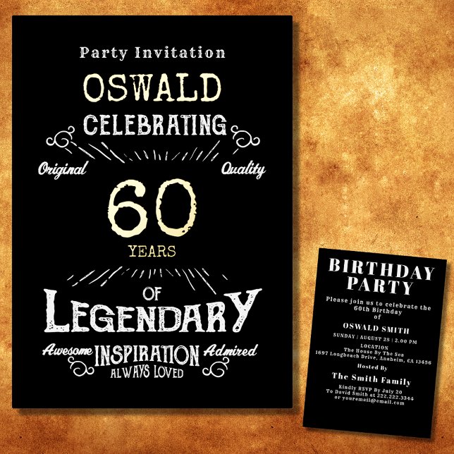 Invitación Con Relieve Metalizado 60.º cumpleaños Nacido legendario Black Gold Retro (For those celebrating their 60th birthday we have the ideal birthday party invitation)