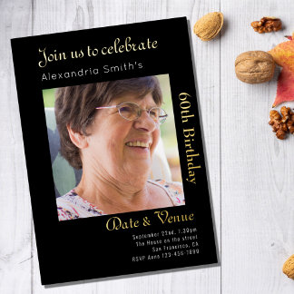 Invitación Con Relieve Metalizado 60.º cumpleaños Oro Negro