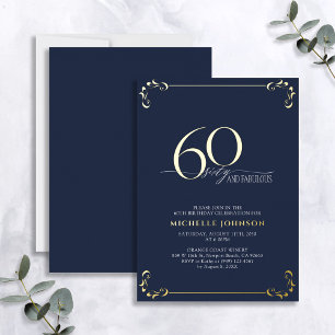 Invitación Con Relieve Metalizado 60 & Fabuloso Cumpleaños Caligrafía Azul y Dorado