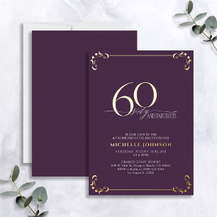 Invitación Con Relieve Metalizado 60 & Fabuloso Cumpleaños con Caligrafía en Púrpura