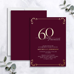 Invitación Con Relieve Metalizado 60 & Fabulous Cumpleaños con Caligrafía en Burgund