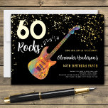 Invitación Con Relieve Metalizado 60 Rocks 60th Birthday Party Gold Black<br><div class="desc">60 Rocks con esta fresca música rock temática 60 cumpleaños invitación moderna. Rock y roll colorida guitarra eléctrica funky con purpurina dorado y ilustraciones de notas musicales con tipografía de caligrafía moderna de oro personalizada sobre un fondo negro. Esta plantilla fácil de usar crea la invitación personalizada perfecta para celebrar...</div>