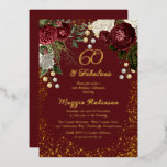 Invitación Con Relieve Metalizado 60 y fabulosa fiesta de cumpleaños floral Glam Ros<br><div class="desc">Elegantes y elegantes rosas florales de color rojo oscuro y burdeos con perlas de semilla en un marco de plaqueta "60 and Fabulous" diseño de fiesta de cumpleaños con un fondo de Borgoña de Holiday Hearts Designs. Todo el texto es Relieve metalizado oro real y el marco de bandeja es...</div>