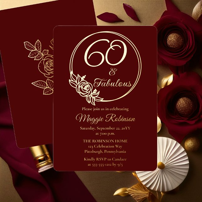 Invitación Con Relieve Metalizado 60 y fabulosa fiesta de cumpleaños número 60 estam (Elegant Rose Wreath 60 and Fabulous 60th Birthday Party Burgundy Stamped Gold Foil Invitation )