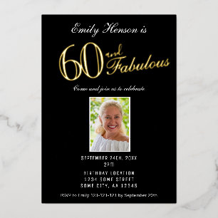 Invitación Con Relieve Metalizado 60 y fabuloso Black 60th Birthday Gold