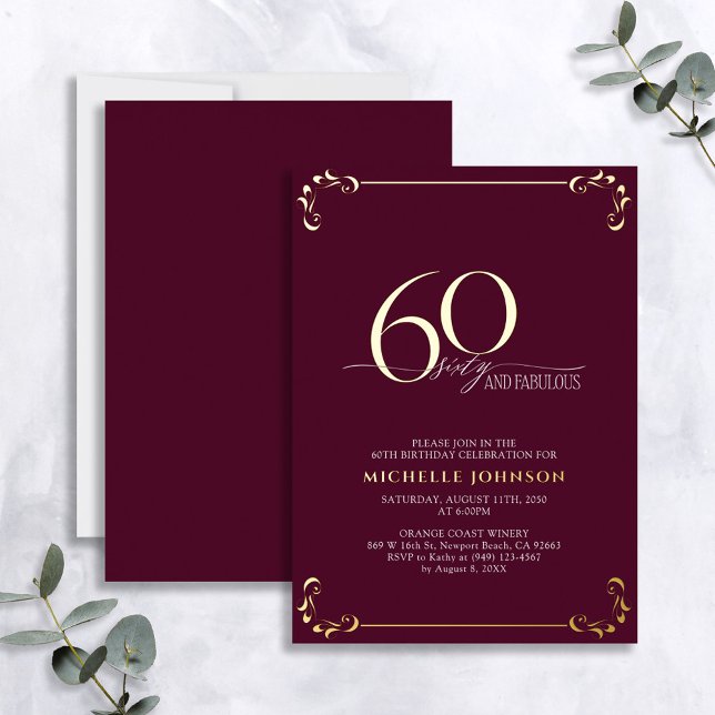 Invitación Con Relieve Metalizado 60 y fabuloso cumpleaños de Borgoña y caligrafía d (Subido por el creador)