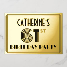 Invitación Con Relieve Metalizado 61ª Fiesta de Cumpleaños — Estilo Art Deco "61" y 