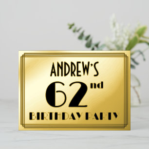 Invitación Con Relieve Metalizado 62ª Fiesta de Cumpleaños — Aspecto Art Deco "62" +