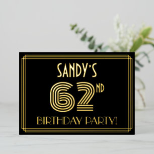 Invitación Con Relieve Metalizado 62ª Fiesta de Cumpleaños — Estilo Art Deco "62" + 