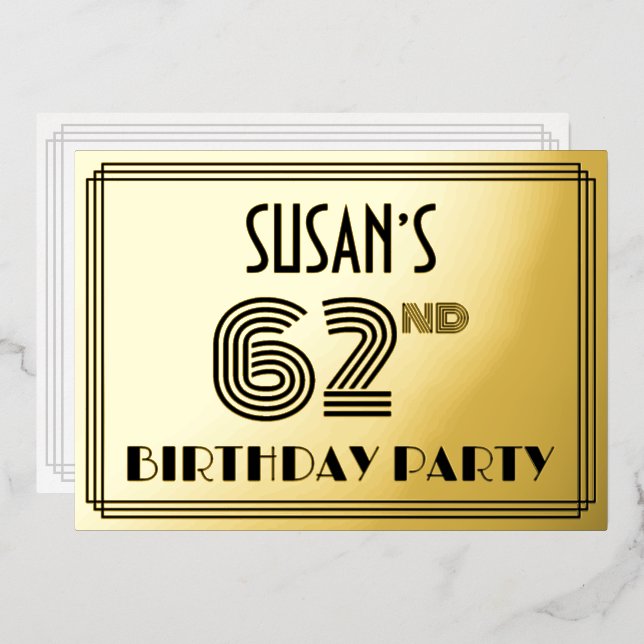 Invitación Con Relieve Metalizado 62ª fiesta de cumpleaños — Estilo Art Deco "62" y  (Anverso/Reverso)