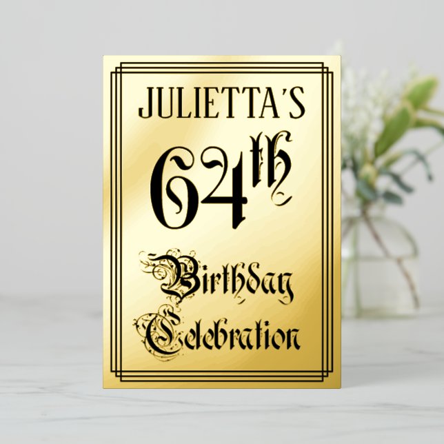 Invitación Con Relieve Metalizado 64ª fiesta de cumpleaños — Guión elegante + Nombre (Anverso de pie)
