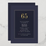 Invitación Con Relieve Metalizado 65.º Cumpleaños Minimal Elegante Marco dorado oscu<br><div class="desc">65 cumpleaños minimal elegante oscuro morado gris oscuro marco dorado Relieve metalizado cumpleaños fiesta de cumpleaños</div>