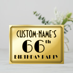 Invitación Con Relieve Metalizado 66ª Fiesta de Cumpleaños — Aspecto Art Deco "66" +