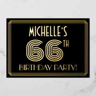 Invitación Con Relieve Metalizado 66ª Fiesta de Cumpleaños — Estilo Art Deco "66" + 