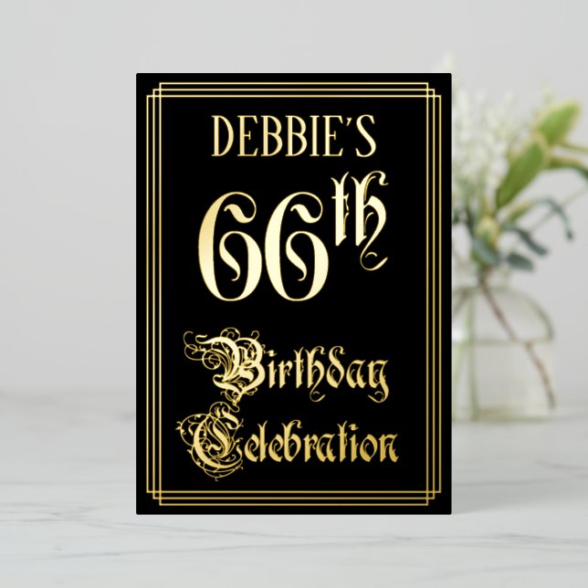 Invitación Con Relieve Metalizado 66ª Fiesta de Cumpleaños — Guión de fantasía y nom (Anverso de pie)