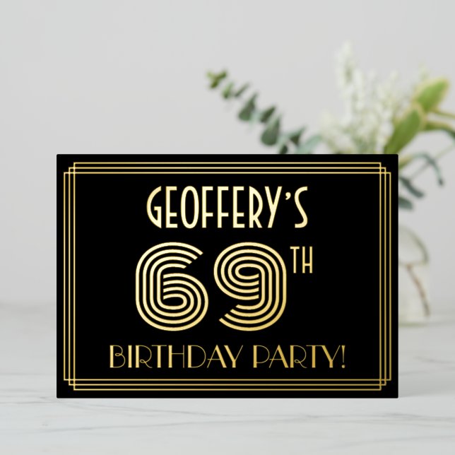 Invitación Con Relieve Metalizado 69ª Fiesta de Cumpleaños — Estilo Art Deco "69" +  (Anverso de pie)