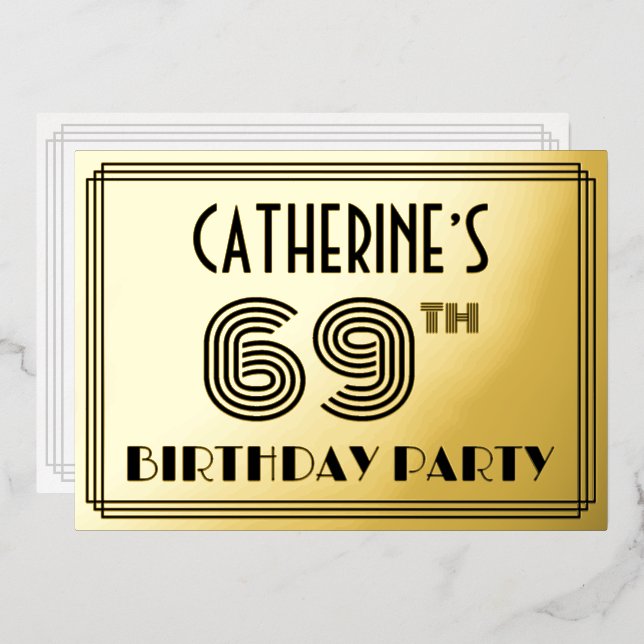 Invitación Con Relieve Metalizado 69ª Fiesta de Cumpleaños — Estilo Art Deco "69" y  (Anverso/Reverso)