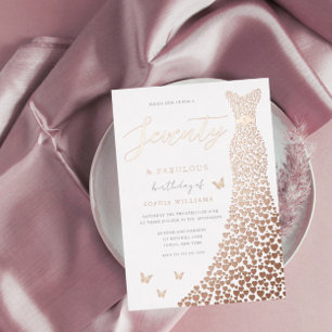 Invitación Con Relieve Metalizado 70.ª Fiesta de Nacimiento Vestido de Oro Fabuloso