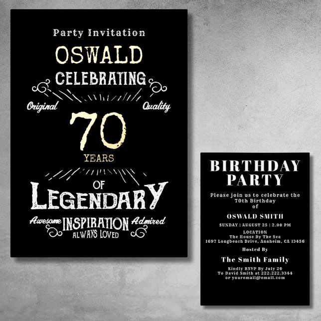 Invitación Con Relieve Metalizado 70.º cumpleaños Nacido legendario Black Gold Retro (For those celebrating their 70th birthday we have the ideal birthday party invitation.)