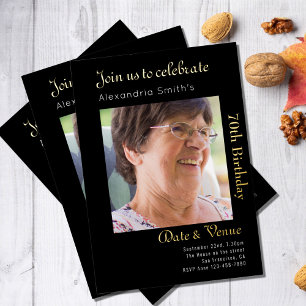 Invitación Con Relieve Metalizado 70.º cumpleaños Oro Negro