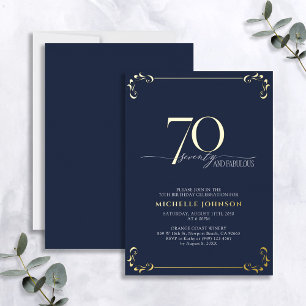 Invitación Con Relieve Metalizado 70 & Fabuloso Cumpleaños con Caligrafía Azul y Dor