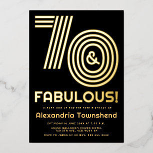 Invitación Con Relieve Metalizado 70 & Fabuloso Tipografía Retro en Oro Cumpleaños 7