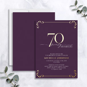 Invitación Con Relieve Metalizado 70 y fabuloso Cumpleaños con Caligrafía Púrpura y 